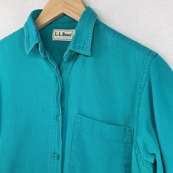 LL BEAN Top Womens S Cool Weave Short Sleeve Button Up Woven Green USA Vintage - Picture 4 of 12